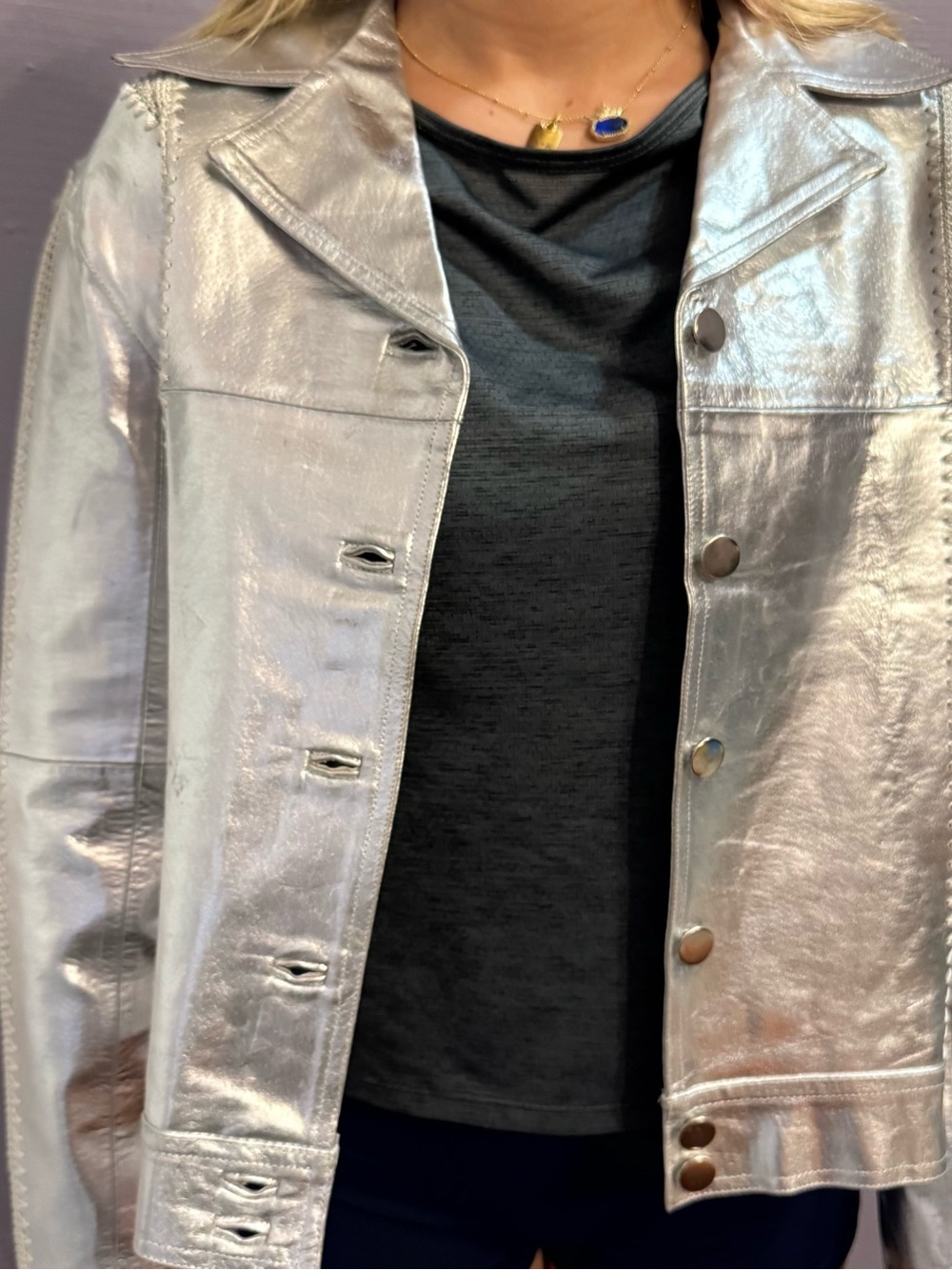 Women’s Metallic Silver Genuine Leather  Coat Jacket - Picture 5 of 7
